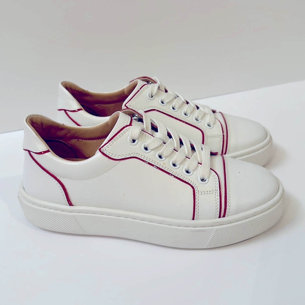 Christian Louboutin Vieirissima Flat Calf white w/red trim size 35. Gently used